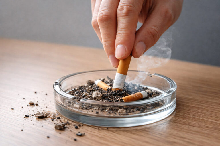 A person stubbing out a cigarette into a glass ashtray