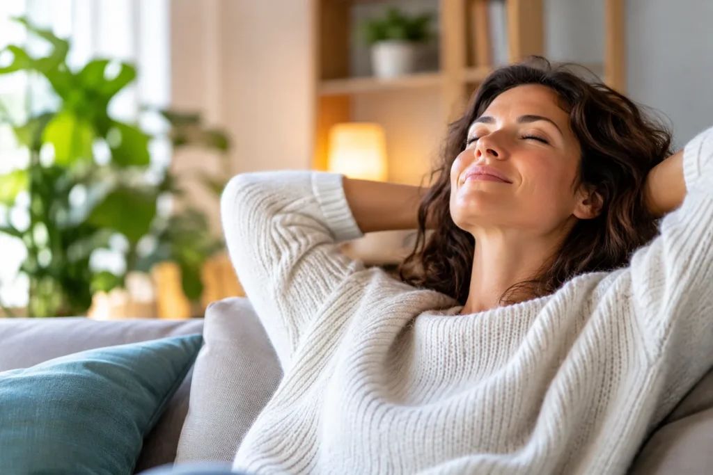 Woman relaxing at home as part of stress management and hypnotherapy
