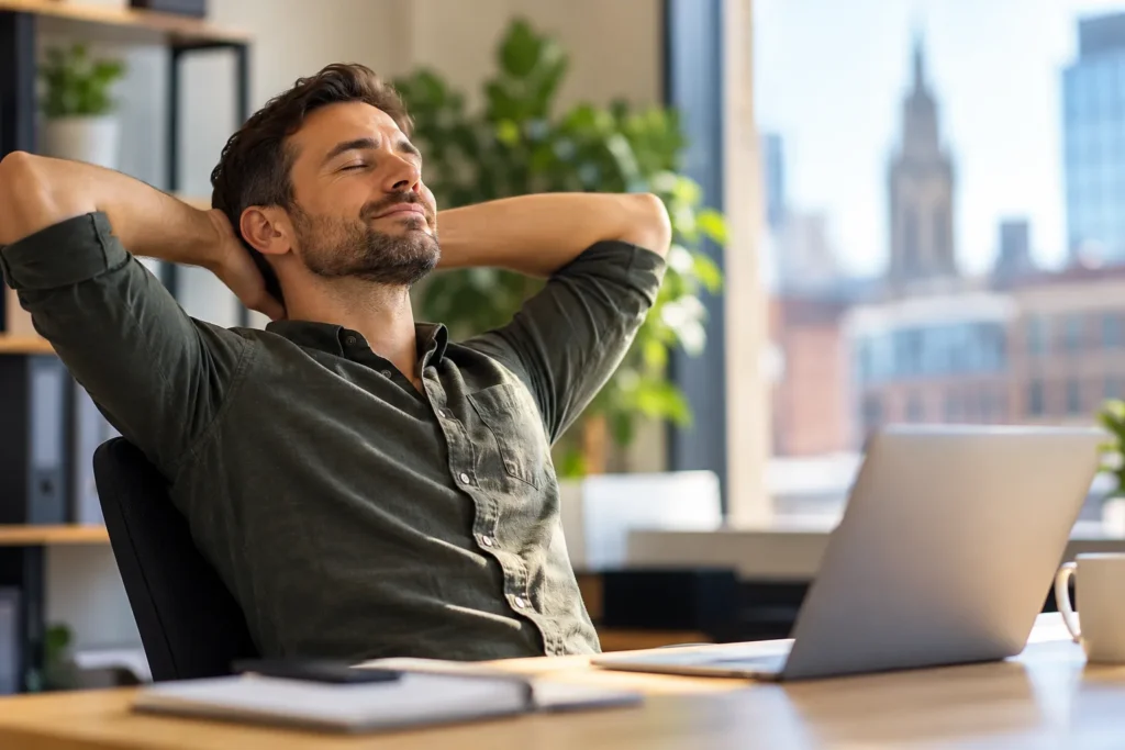 Man relaxing at his desk after a stressful working day